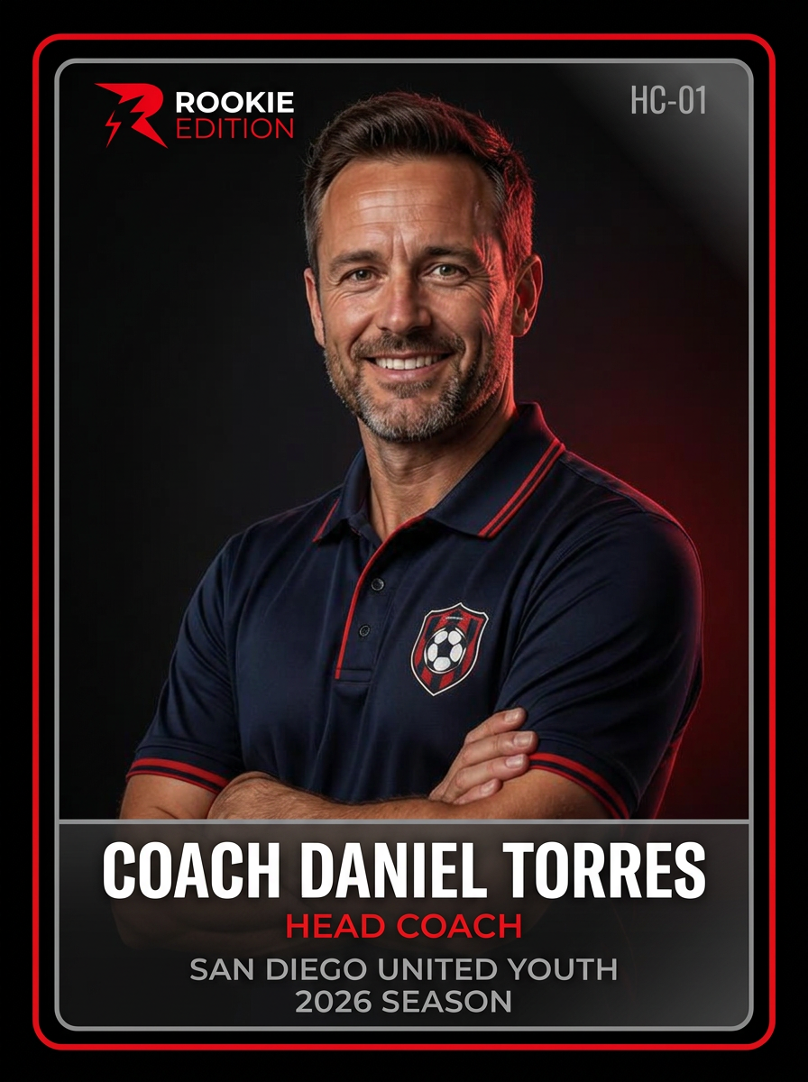 Head Coach Card concept mockup featuring Alex Rivera, San Diego United Youth