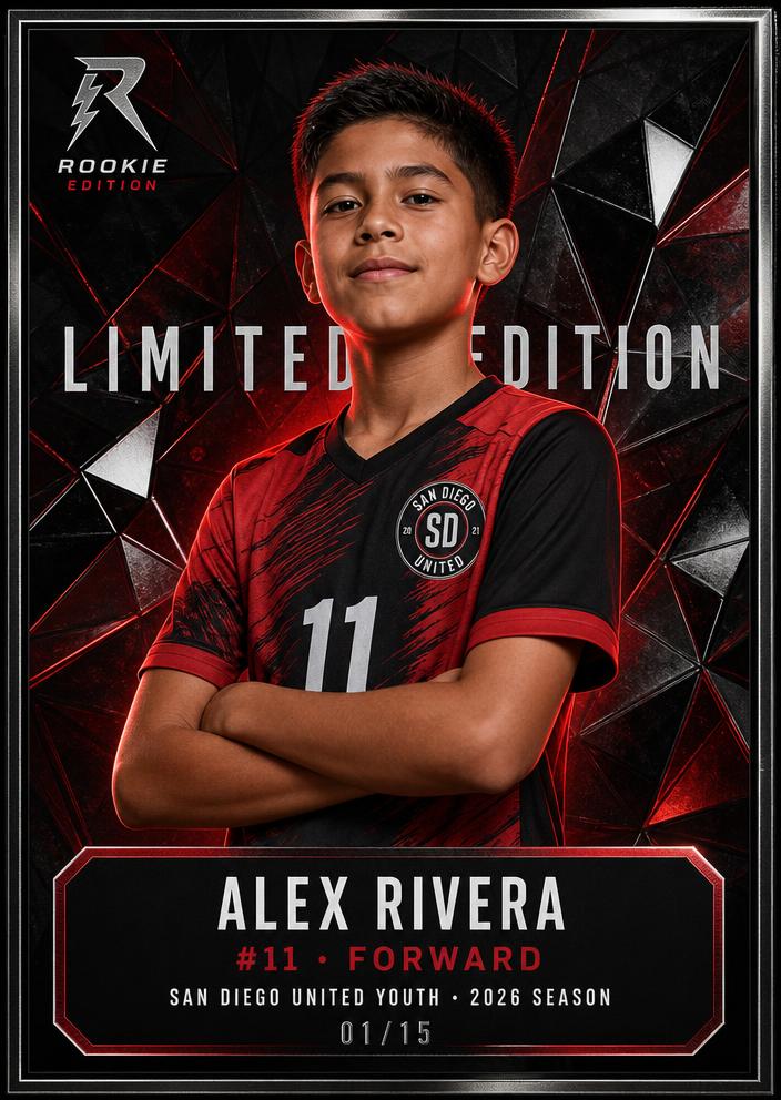 Limited Edition Card concept mockup featuring Alex Rivera, San Diego United Youth
