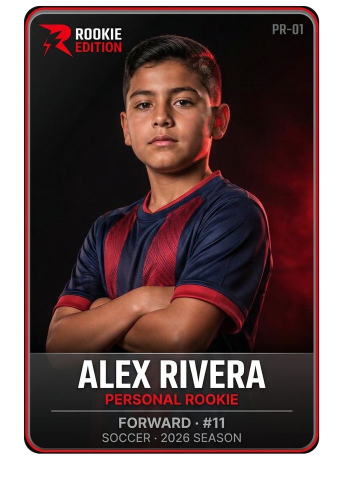 Personal Rookie Card concept mockup featuring Alex Rivera, San Diego United Youth