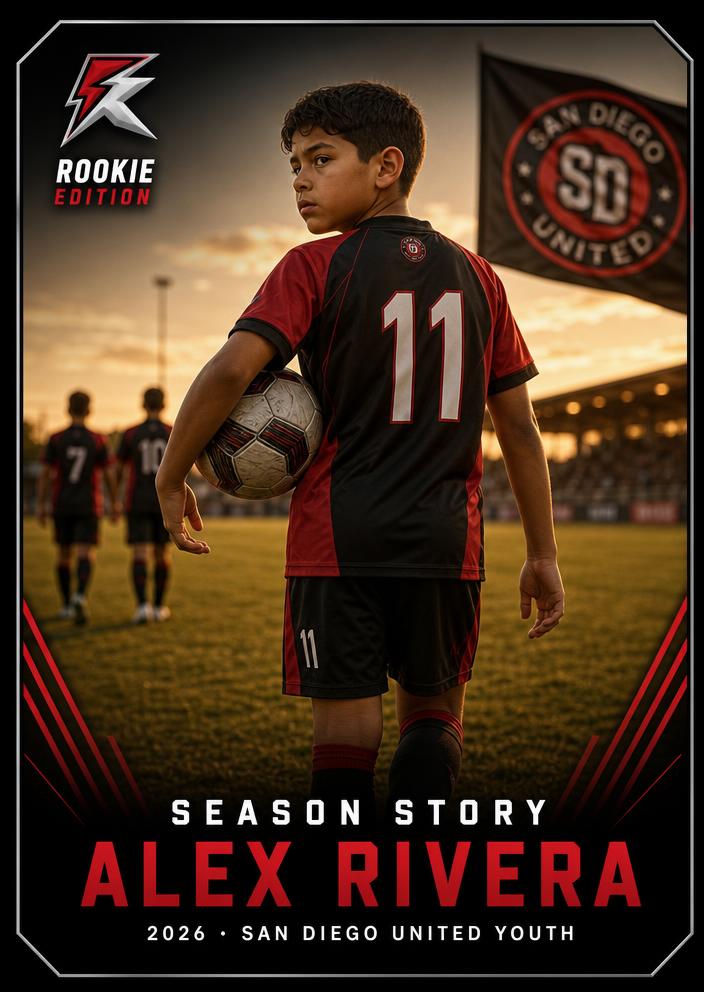 Season Story Card concept mockup featuring Alex Rivera, San Diego United Youth